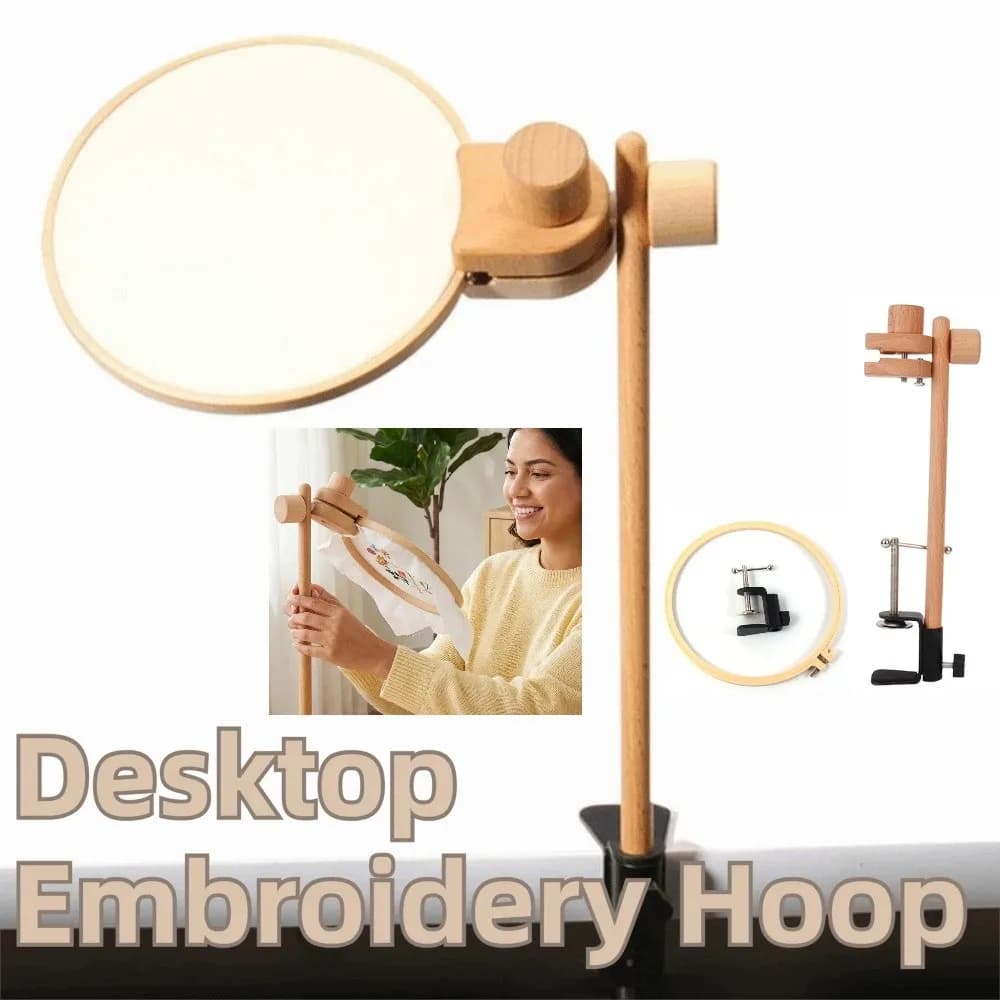Supporto per telaio da ricamo in legno di faggio con rotazione a 360 gradi, morsetto a clip, porta telaio compatto in legno per ricamo a punto croce