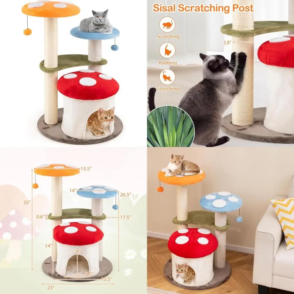 adorabile torre per gatti multilivello con graffette in sisal, percorsi di peluche e giocattoli sospesi