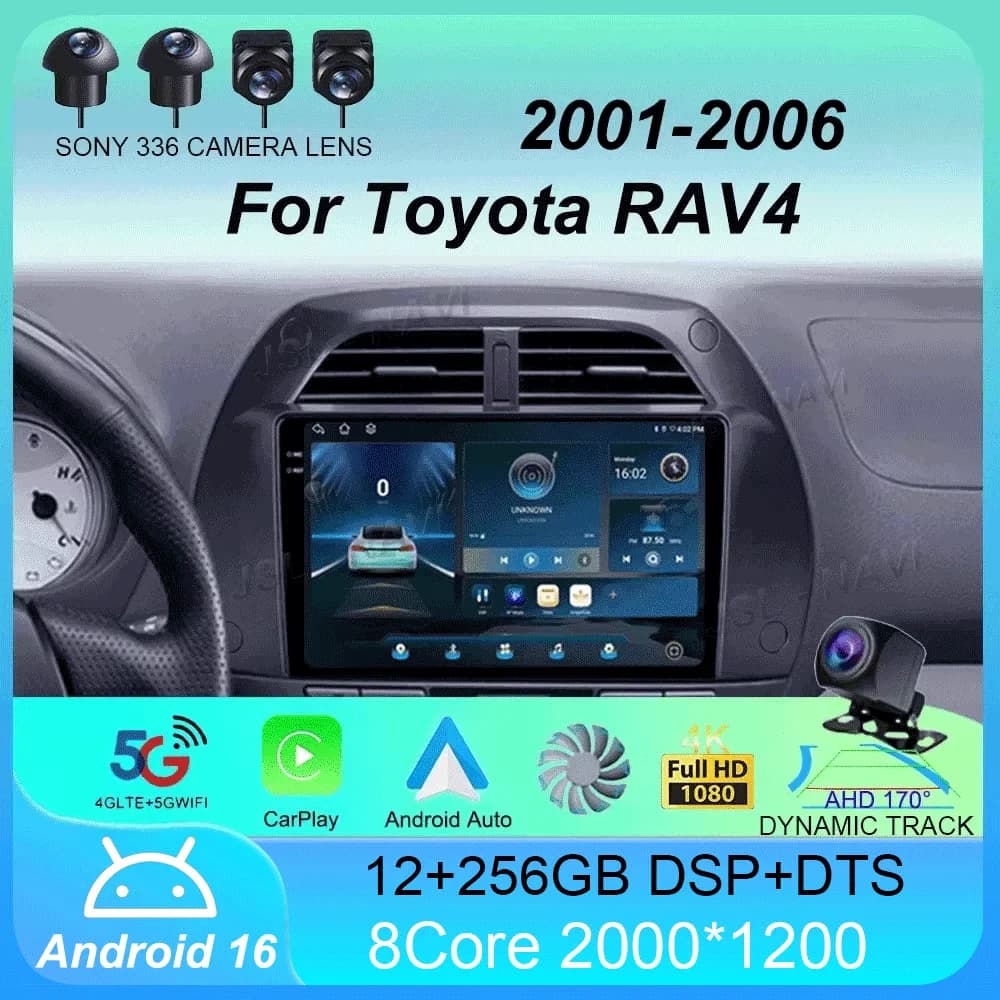Autoradio Android 16 con Carplay Wireless per Toyota RAV4 2001-2006, Navigazione GPS, Lettore Multimediale, Stereo Video, Wi-Fi+4G, BT