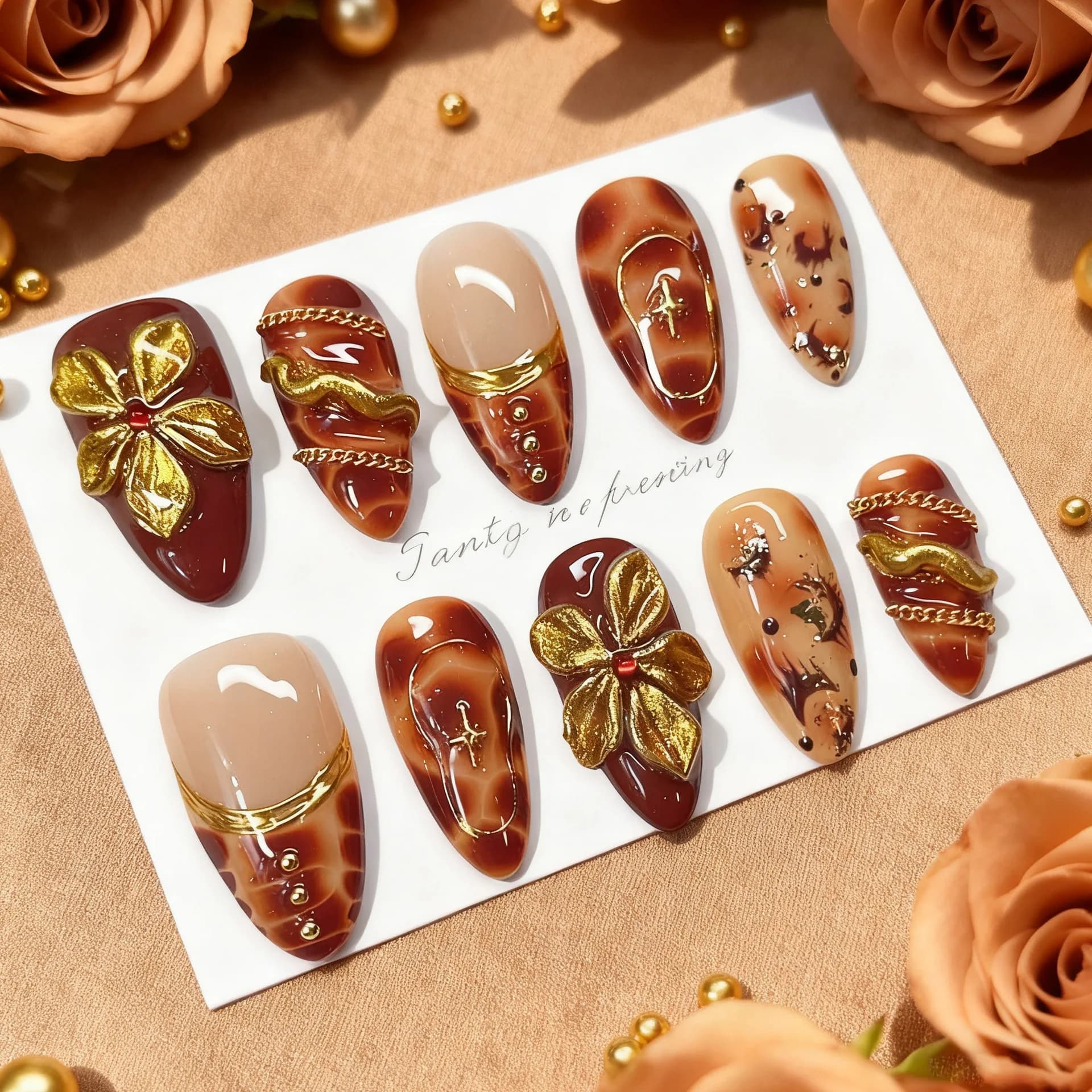 24 pieces of fake nails shaped like flower print leopardata brown print on nails tip golden design set of short fake nails of almonds nails to total cover french