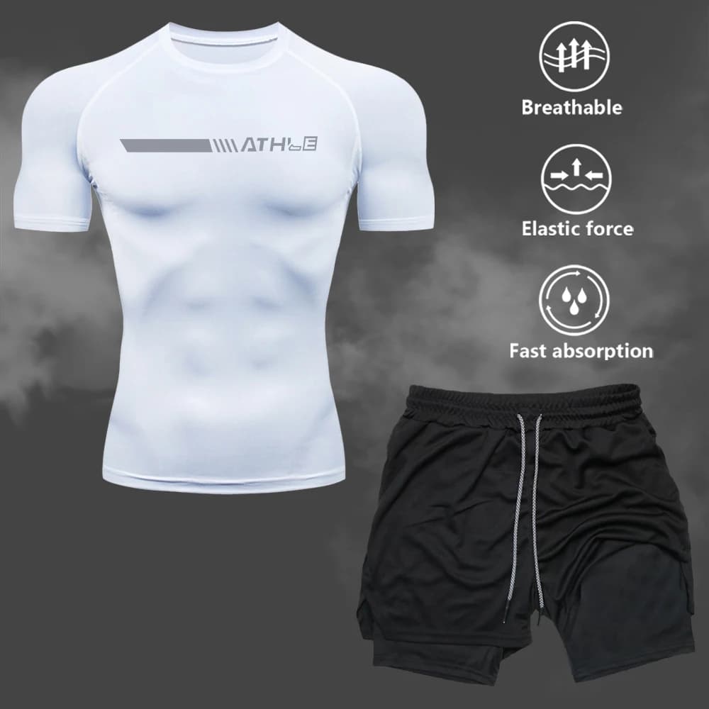 Set di abbigliamento sportivo da uomo con stampa, maglia a compressione a maniche corte nera, due in uno, pantaloncini sportivi ad asciugatura rapida e traspiranti