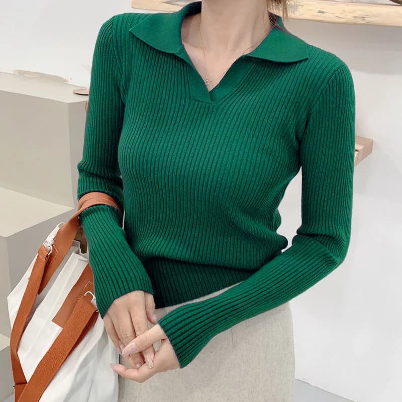 Crriflz Lapel Polo Neck Knitted Bottoming Top Women's Autumn Winter Solid Color Base All Match Causal Sweater For Fashion