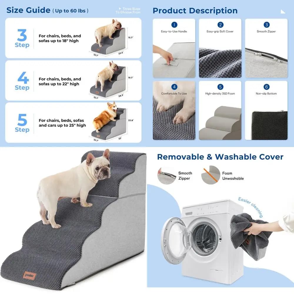 Rampa per scale per animali domestici a 5 gradini per letti fino a 25 gradini alti, gradini in schiuma antiscivolo per cani, grigia