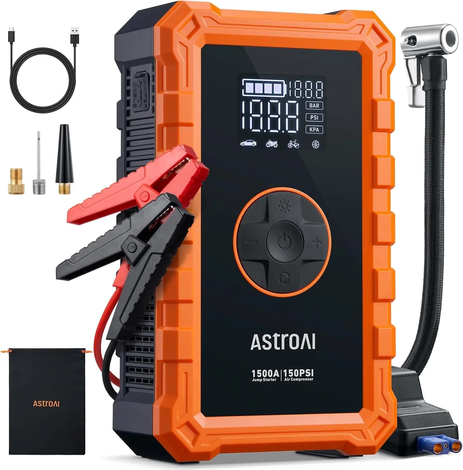 Avviatore di emergenza per batteria per auto di picco 1500A portatile (6,0 gas/3,0 litri diesel) con booster per caricabatteria da 150, 12 V (arancione)