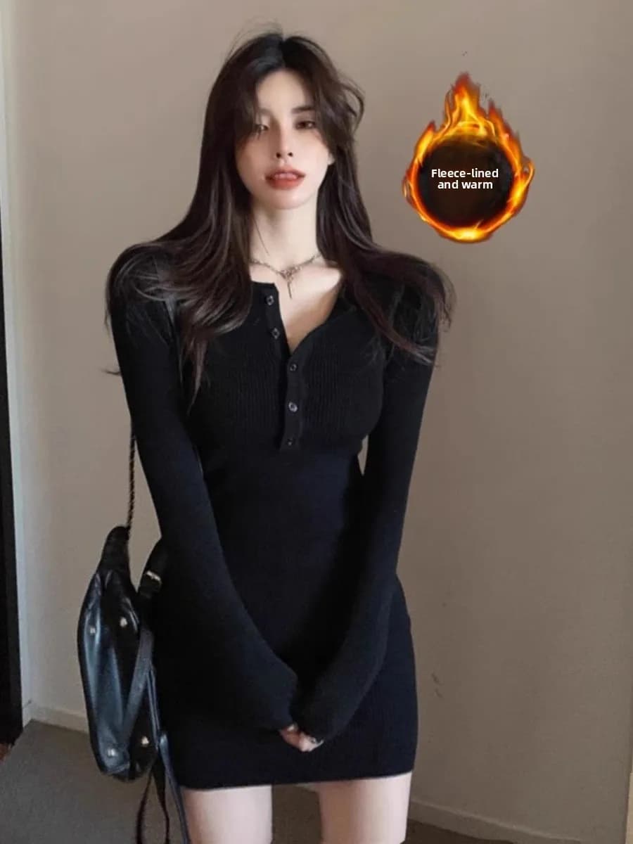 Autumn Winter Fleece Lined Thickened Knitted Dress Women's Slim Fit Waist Cinching Sexy Short Skirt Inner Wear V Neck High Waist