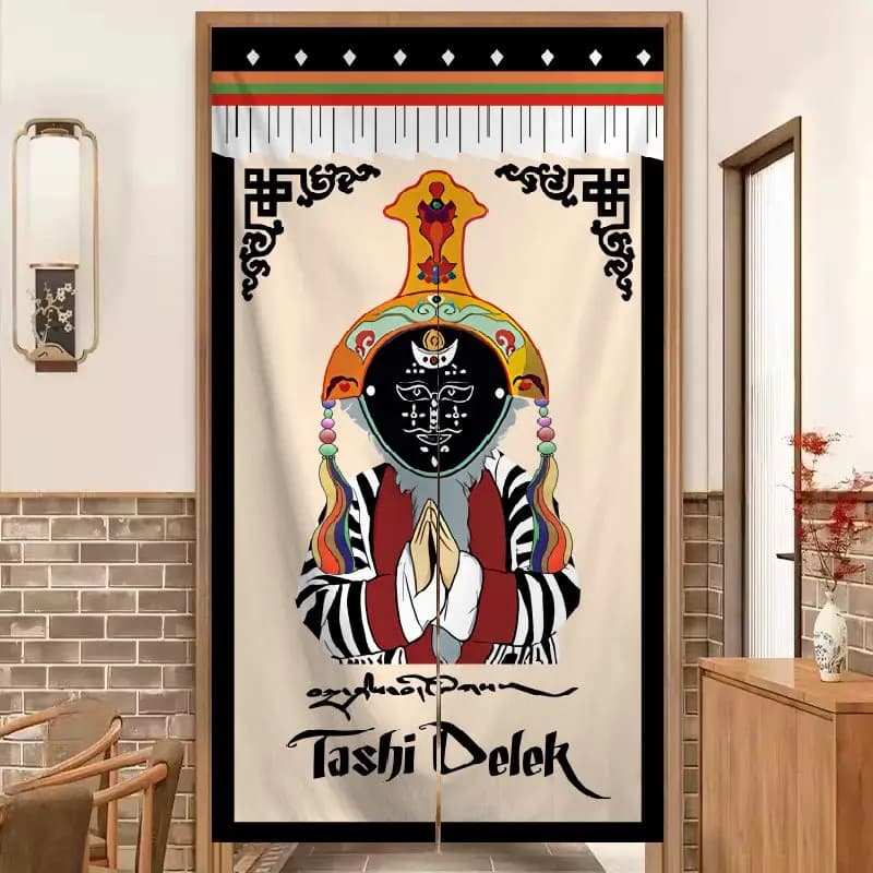 VIKAMA Traditional Tibetan Opera Mask Half Curtain, Tashi Delek Ethnic Pattern Privacy Divider, Exotic Home Decor