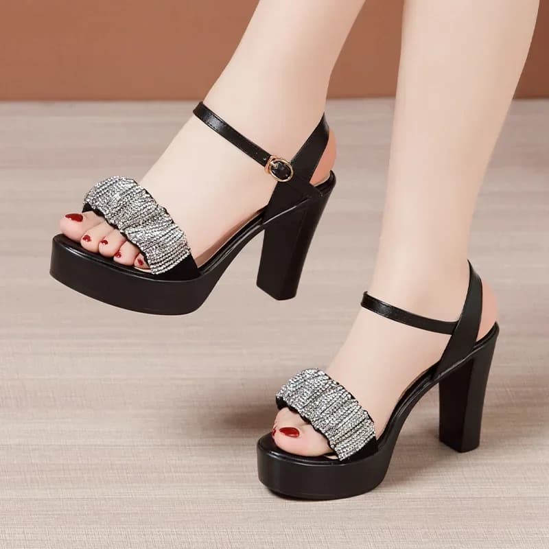 8 10 13 cm Small size 32-43 Stylish Rhinestone Black Block Sandals with high heel Summer 2024 Platform shoes Woman for office model