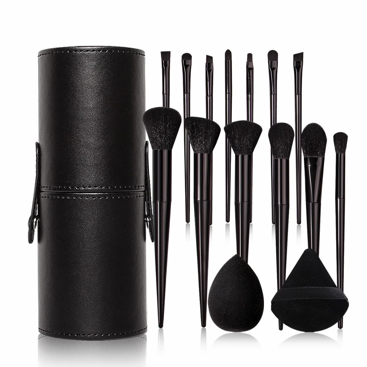 Set di pennelli per trucco neri, pennello professionale morbido per fard, pennello per primer, pennello per ombretto, spugnetta per trucco, strumenti di bellezza per donna