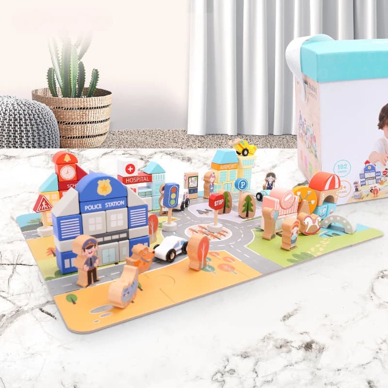 Giochi da tavolo educativi Montessori Fai da te Giocattolo per bambini Puzzle Impilabile Scena della foresta urbana Tappetino Blocchi di costruzione Set Costruttore