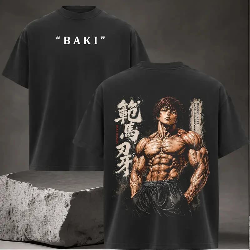 Japanese Anime BAKI Hanma Retro T Shirt Vintage Washed T-shirt Men Women Clothing Harajuku Oversized 100% Cotton Tees Clothes