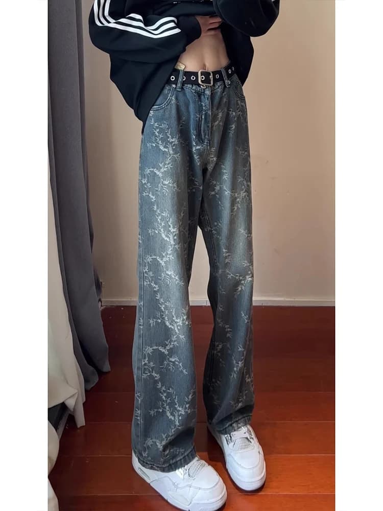 American High Street Vibe Men's Jeans Spring Autumn Winter Straight Leg Slimming Micro Flared Pants Thorn Print Embroidery