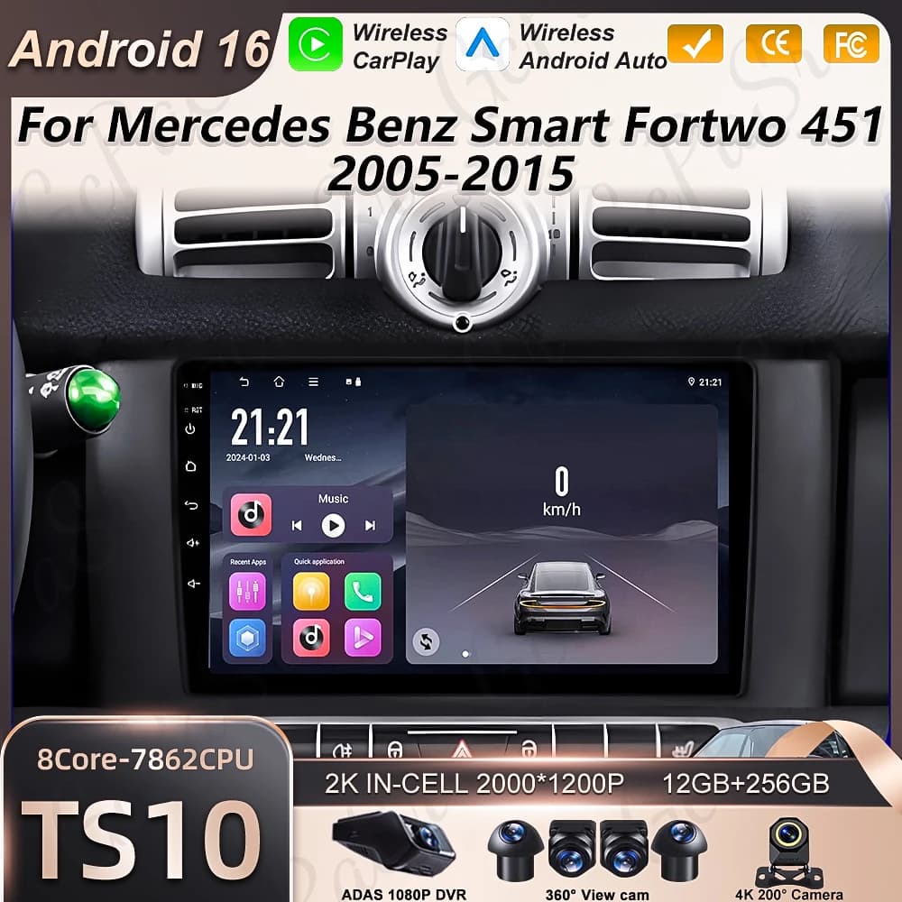 Autoradio Android 16 con Carplay per Mercedes Benz Smart Fortwo 451 2011-2015, GPS, Stereo, Lettore Multimediale Auto, Wi-Fi