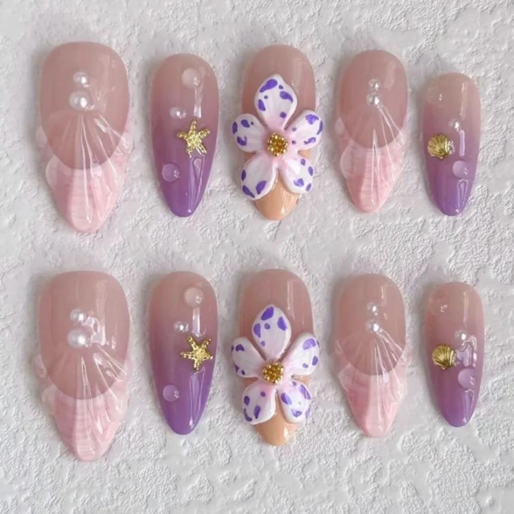 24pcs European and American mermaid wearing nail art 3D carved shell pattern starfish French almond shaped fake nails
