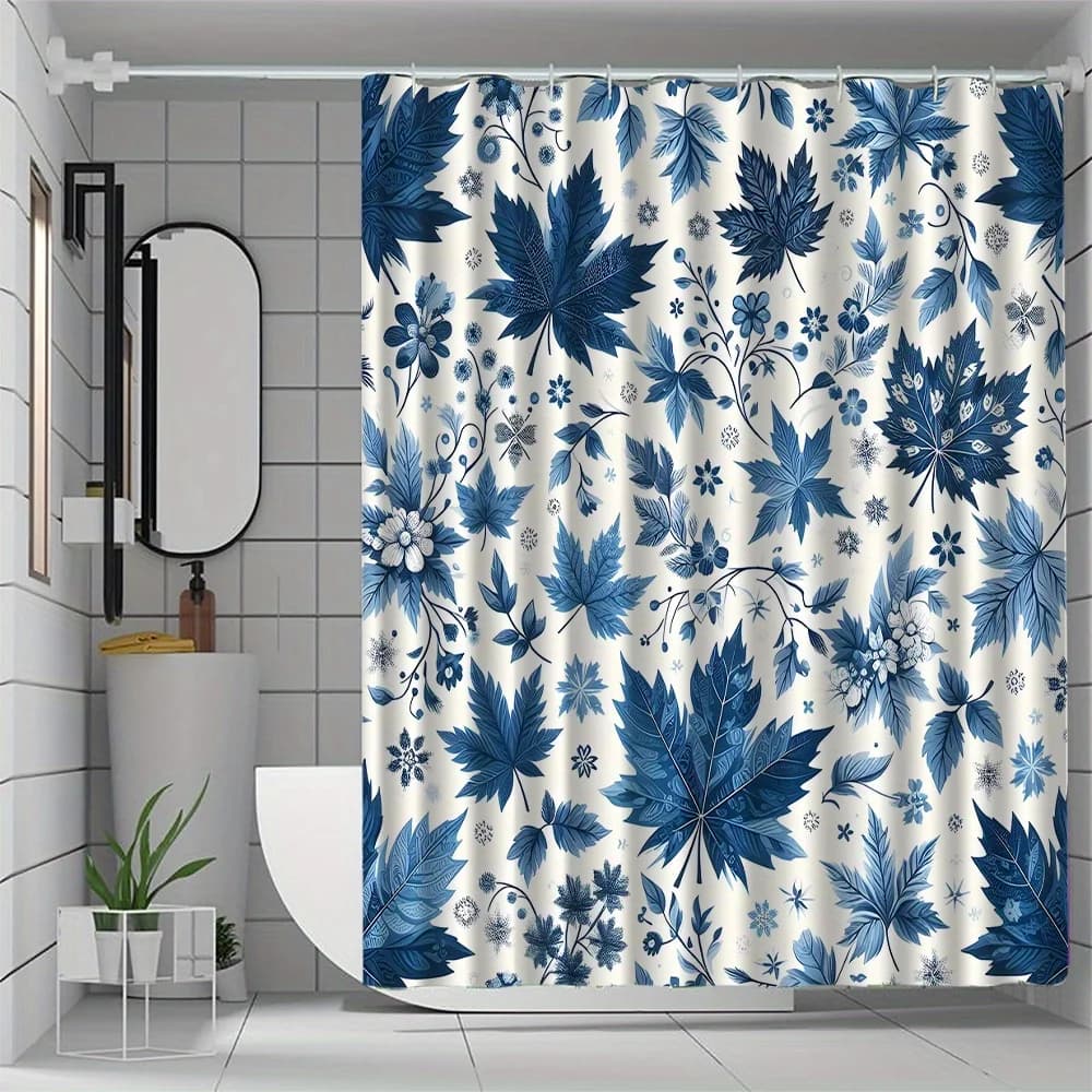 1 tenda da doccia blu con motivo floreale, tessuto in poliestere, lavabile in lavatrice, con ganci, adatta per l'arredamento del bagno.