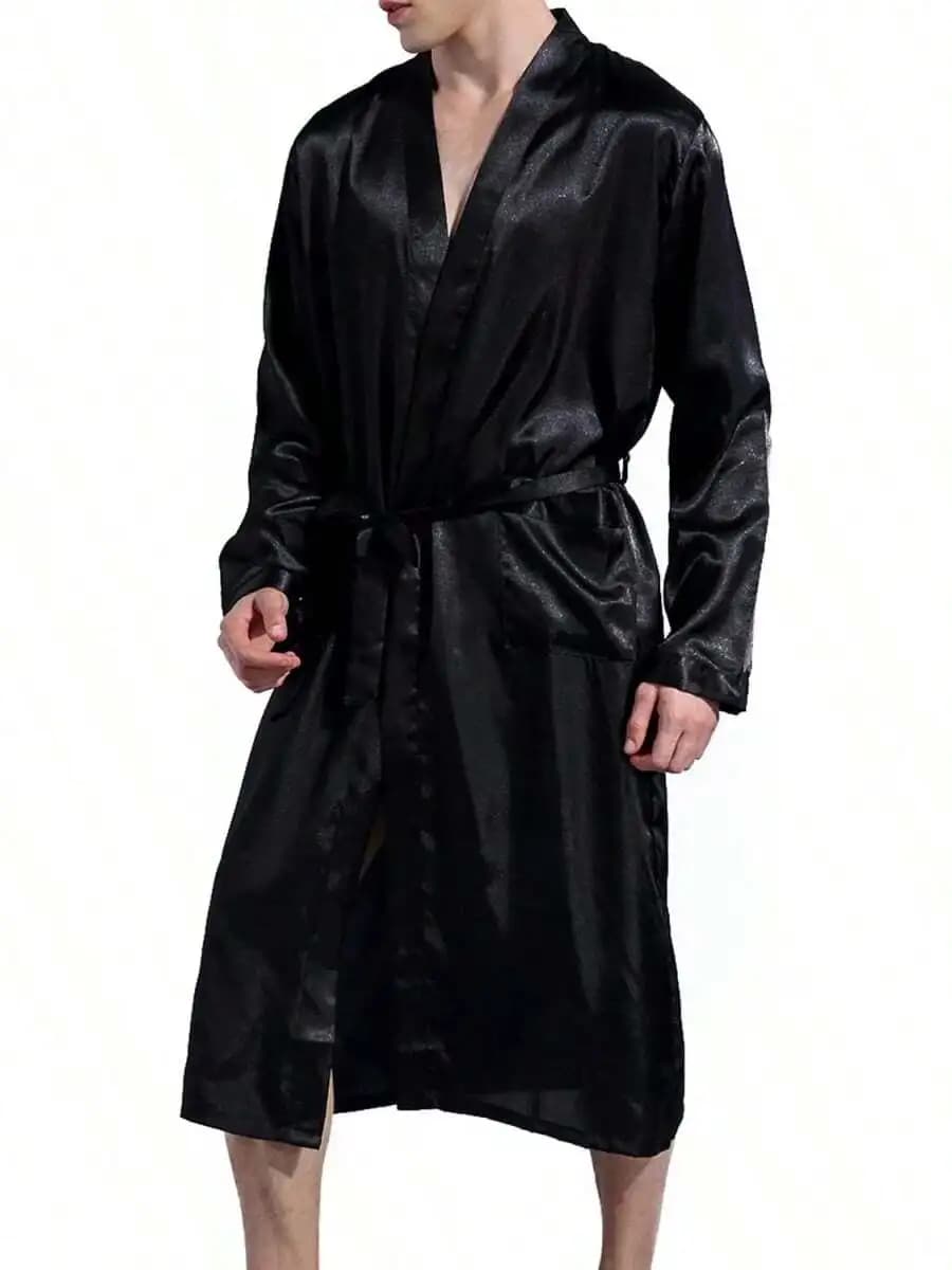 Mens Satin Kimono Robe Long Lightweight Loungewear Bathrobe With Pockets