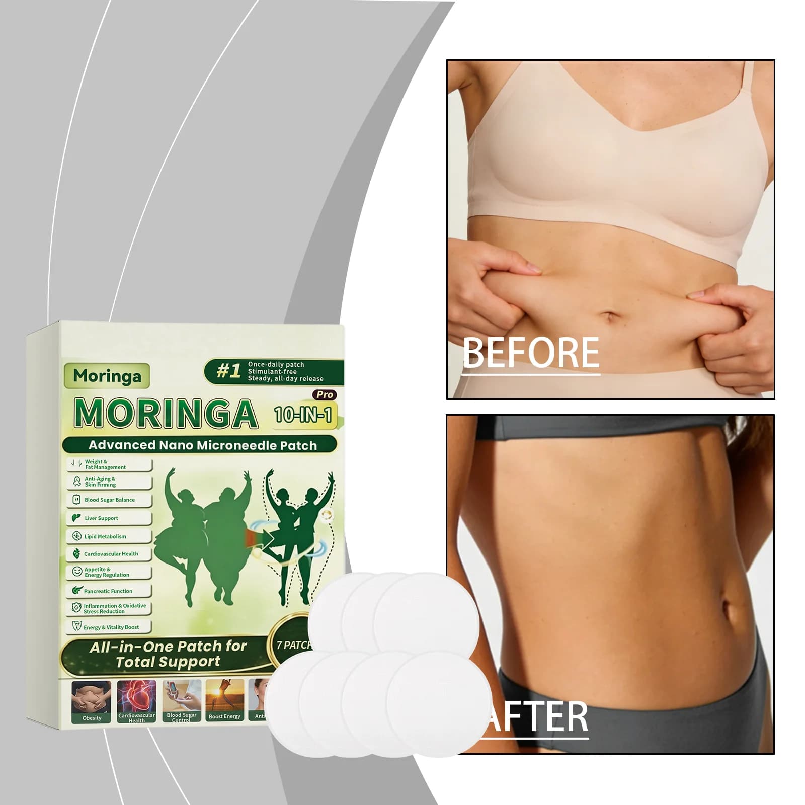 7Pcs Moringa Pro 10-in-1 Advanced Nano Microneedle Patch Weight Management Anti Aging Skin Firming Lipid Metabolism Sticker