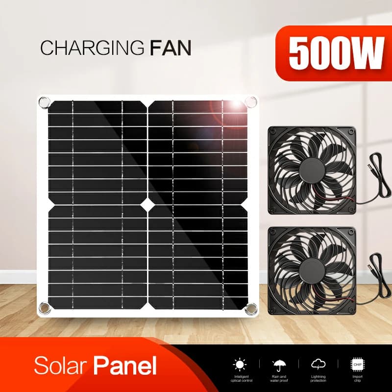 Ventilatore di scarico ad energia solare da 500 W per serra, polli, uffici, esterni, 5 V/12 V, ventilatore portatile per pollame con ricarica