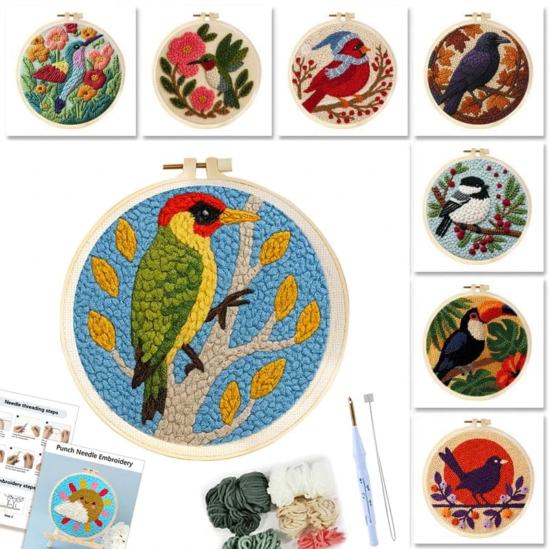 GATYZTORY DIY Punch Needle Embroidery Kit Birds Pattern Starter Kit Magic Tufting Set Poking with Yarn Cross Stitch Tools