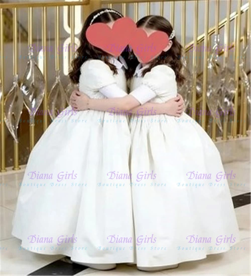 Bellissimo abito da ragazza di fiori in raso bianco soffice per abiti da ballo da sera per la prima comunione della festa di compleanno di nozze della piccola principessa