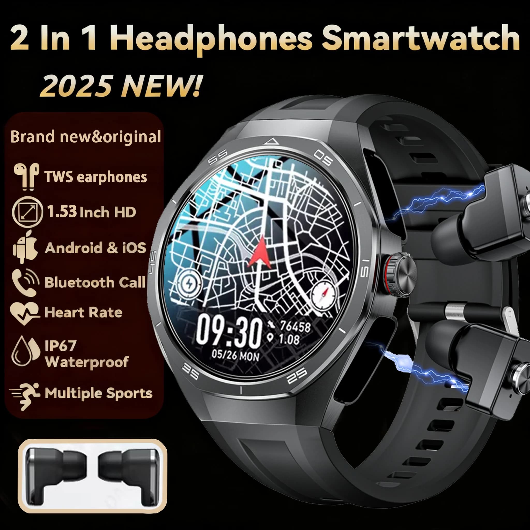NFC Smart Watch 2 in 1 TWS Wireless Headphone Local Music Call SmartWatch for Men Health Monitor Waterproof Sports Watch