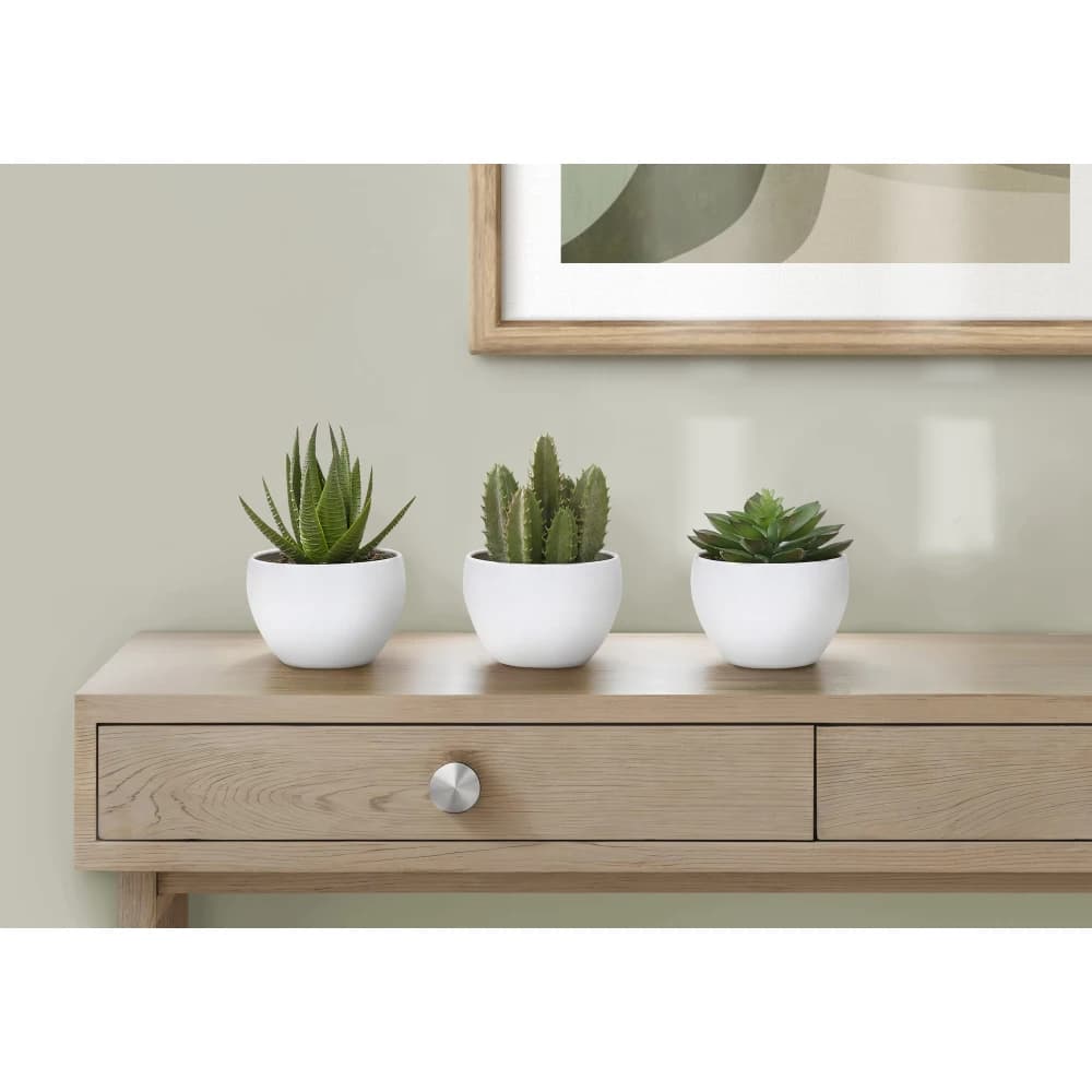 Artificial Plant, 6inchTall, Succulent, Indoor, Faux, Fake, Table, Greenery, Potted, Set Of 3, Decorative, Green Plants, White Pots
