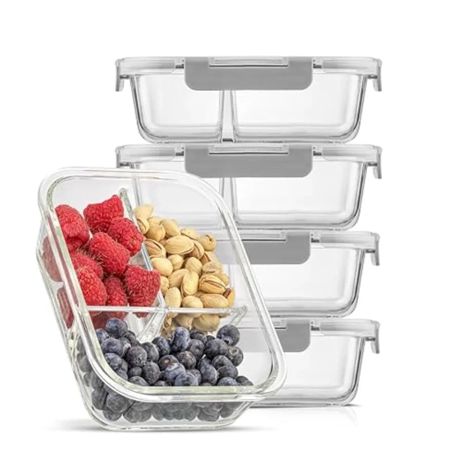 Contenitori per Alimenti Divisi con Coperchi Ermetici Set di 5 Contenitori in Vetro per Preparazione Pasti con 3 Scomparti, Scatola Bento in Vetro Riciclabile