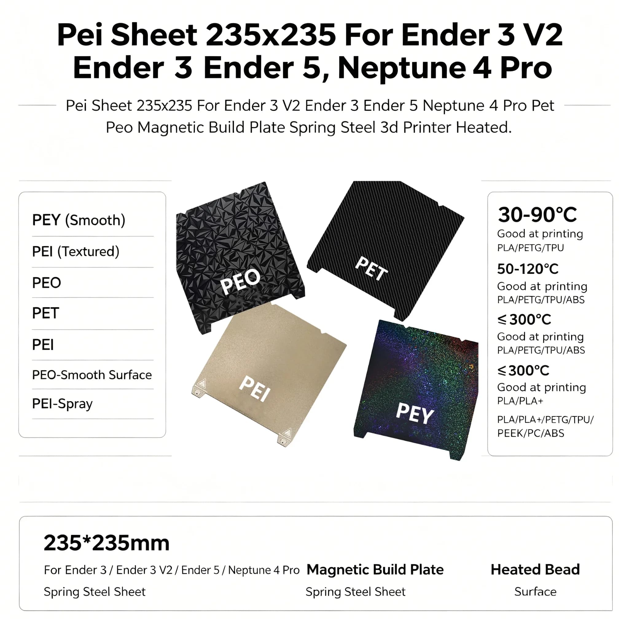 Pei Sheet 235x235 For Ender 3 V2 Ender 3 Ender 5 Neptune 4 Pro Pet Peo Magnetic Build Plate Sping Steel 3d Printer Heated Bed