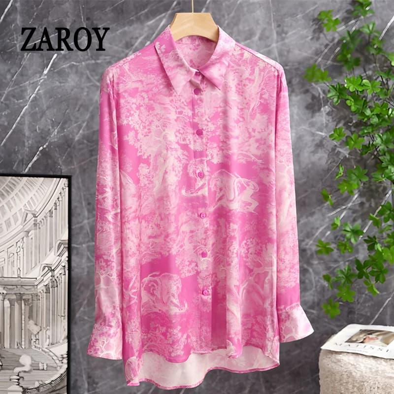 ZAROY 3XL Camicia da donna di design di lusso Moda Rosa Stampa Camicie femminili Estate Autunno Manica lunga Polo Collo Camicette sottili Camisas
