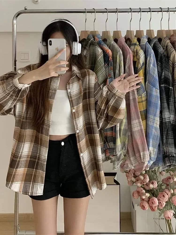Camicia a Quadri da Donna, Moda Autunnale, Manica Lunga, Stile Vintage, Blusa Monopetto, Stile Preppy, Camicia a Quadri Larga