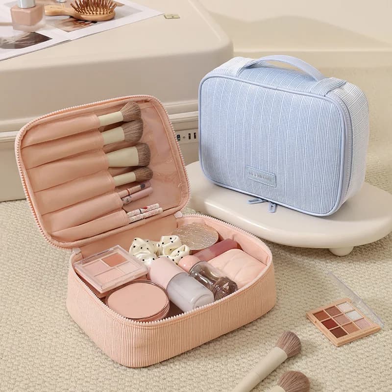 Portable High-End Women's Corduroy Makeup Bag Zipper Cosmetic Storage Box Travel Toiletry Organizer Multi-Zone Wash Bag