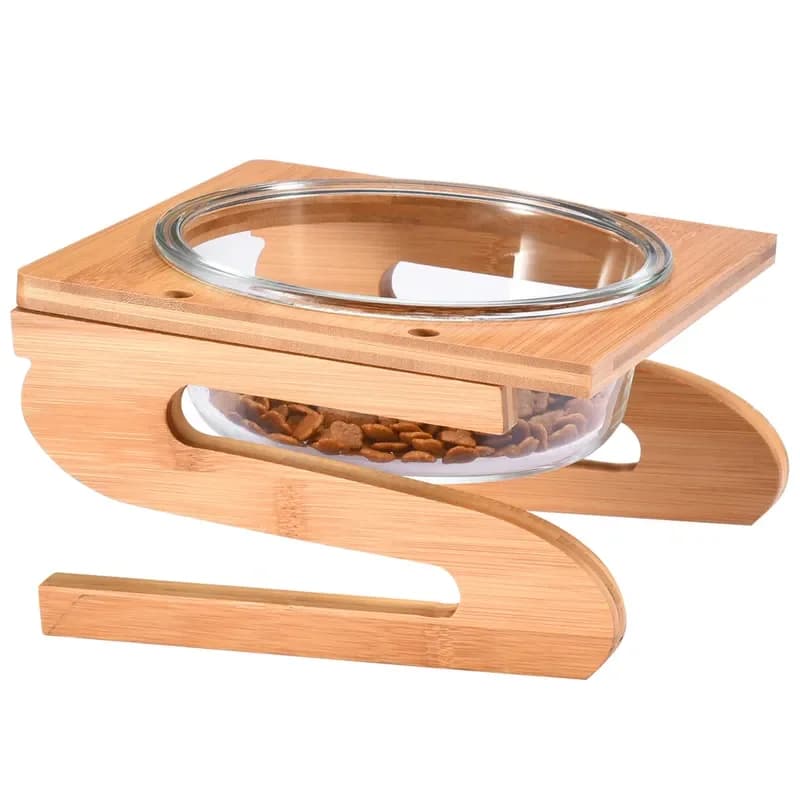 Wholesale Custom Colorful Glass Pet Bowl New Design Fashionable Portable Feeders Wood Stand for Dogs Cats Chickens Birds