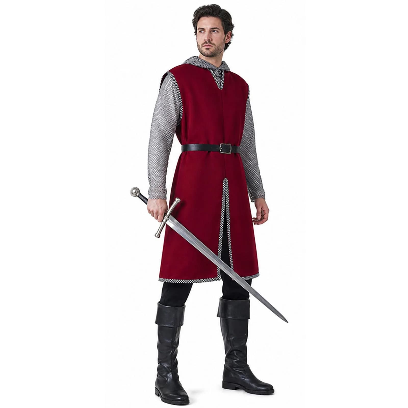 Men Medieval Knight Wine Red Chainmail Mesh Tunic with Belt Halloween Warrior Cosplay Costume