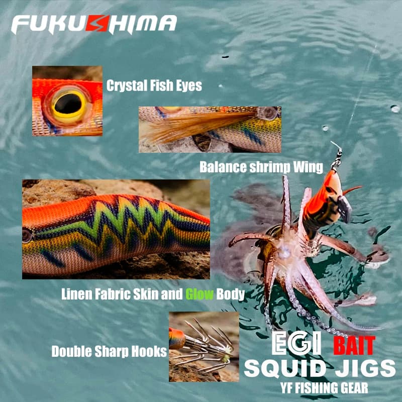 FUKUSHIMA II SQUID JIGS GLOW EGI LURE FISHING WOOD SHRIMP BAIT SHARP HOOKS 21GRAMS CUTTLEFISH OCTOPUS BOAT ROCK FISHING
