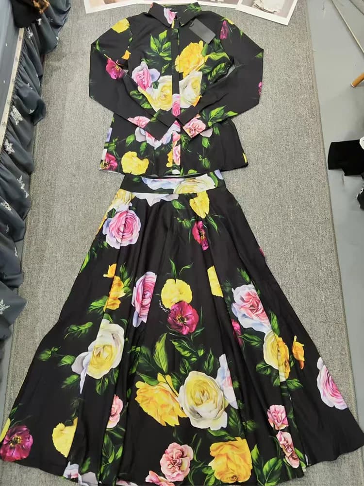 Single-breasted long-sleeved shirt with printed 2025 spring new two-piece dress + high waist and big skirt fashionable woman's dress