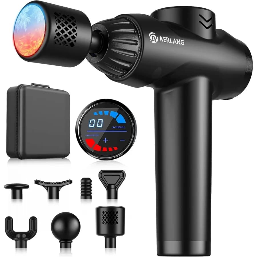 Massage gun with thermal and cold therapy to relieve deep tissues: portable percussion massager with 7 accessories