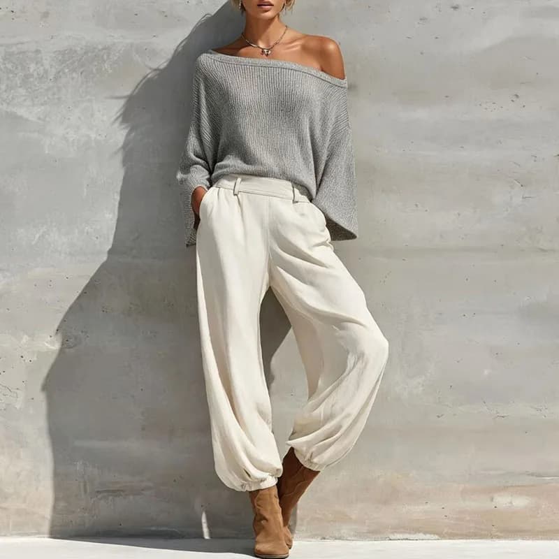 Off Shoulder 2 Piece Outfit Women Loose Flare Sleeve Knit Top & Long Pants Sets Casual Streetwear Vacation Autumn Matching Suits