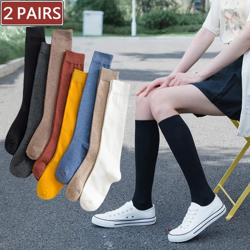 2 pairs of high knee socks in black white cotton plain fashion casual calf sock female girl dance sexy long socks