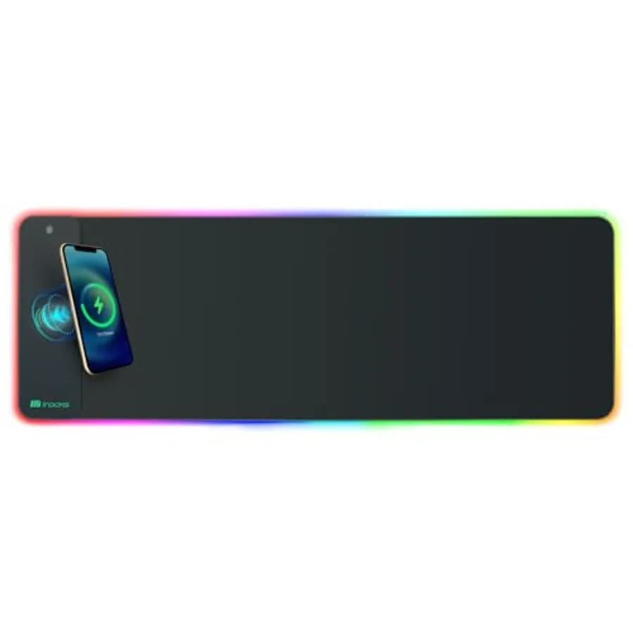 Tappetino per mouse da gioco RGB extra lungo i-Rocks, caricabatterie wireless veloce da 10 W, base antiscivolo in gomma naturale, tappetino da scrivania 35,4"x11,8", Qi-Comp
