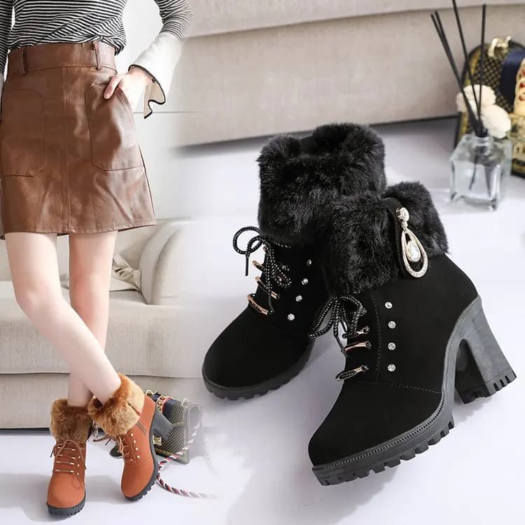 Nuovi Stivaletti Autunno Inverno 2024 da Donna, Scarpe con Tacco Alto e Spesso, Finitura in Pelliccia, Dettagli in Strass, Stile Casual