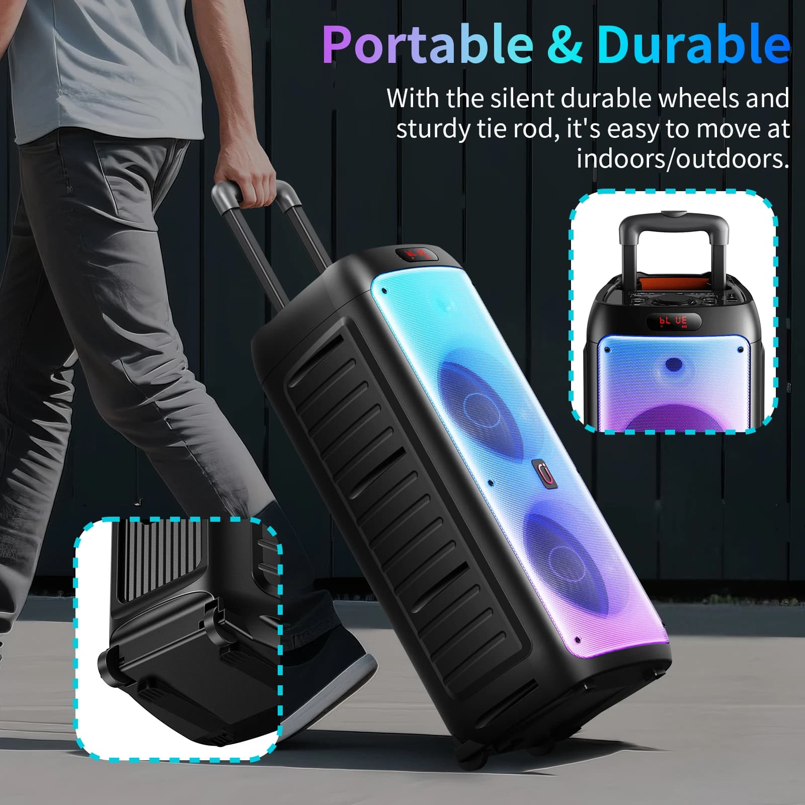 Altoparlante Bluetooth T38 Grande, Speaker Wireless con Ruote e Asta di Trasporto, Macchina per Karaoke con Due Microfoni e Funzione TWS