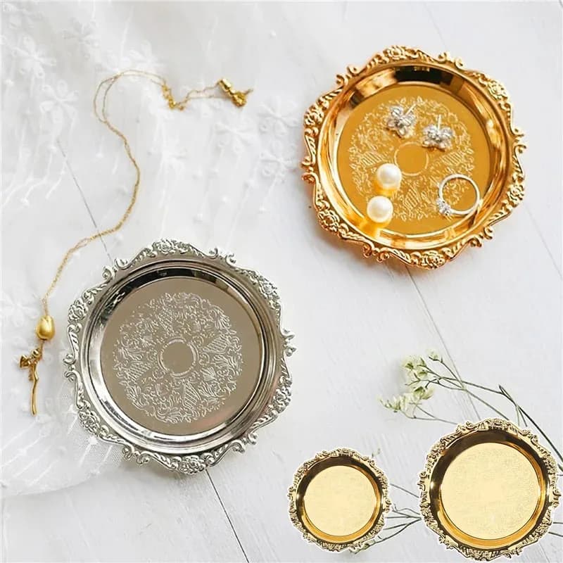 Piatto in ferro argentato e oro, vassoio espositore decorativo per gioielli, articoli per feste, per riporre gioielli vari, 1 pezzo
