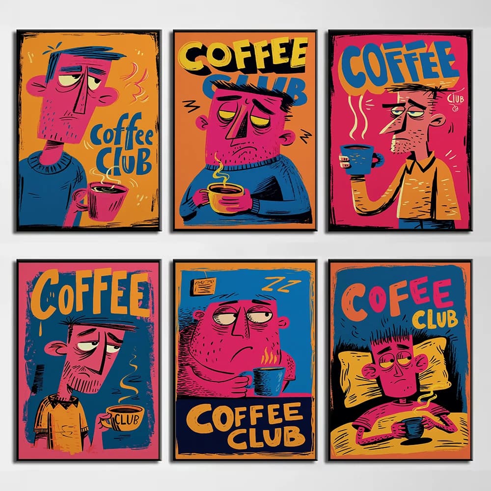 1960s Retro Coffee Club Hand-drawn Lines Abstract Beans Kitchen Canvas Painting Wall Art Poster Picture Home Decor Mural Cuadros