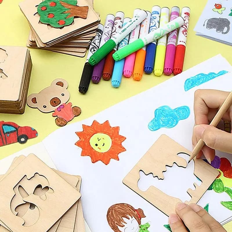 Modelli di modelli di disegno fai da te in legno da 42 pezzi con Markes, Set di strumenti di disegno per modelli di disegno per bambini