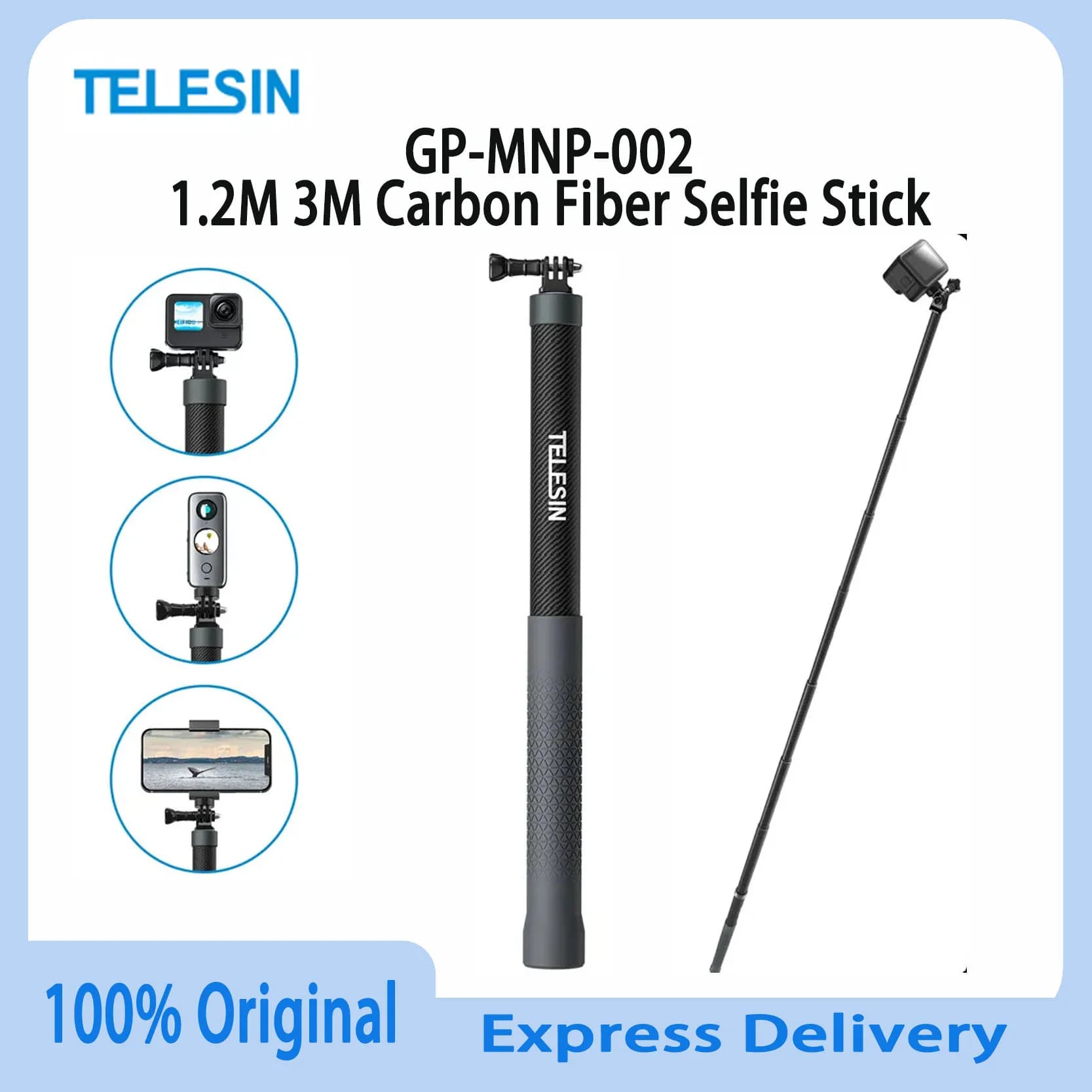 TELESIN Originale Asta Selfie in Fibra di Carbonio Monopiede Estensibile da 1,2M a 3M con Vite da 1/4 per GoPro Insta360 Osmo Action DJI