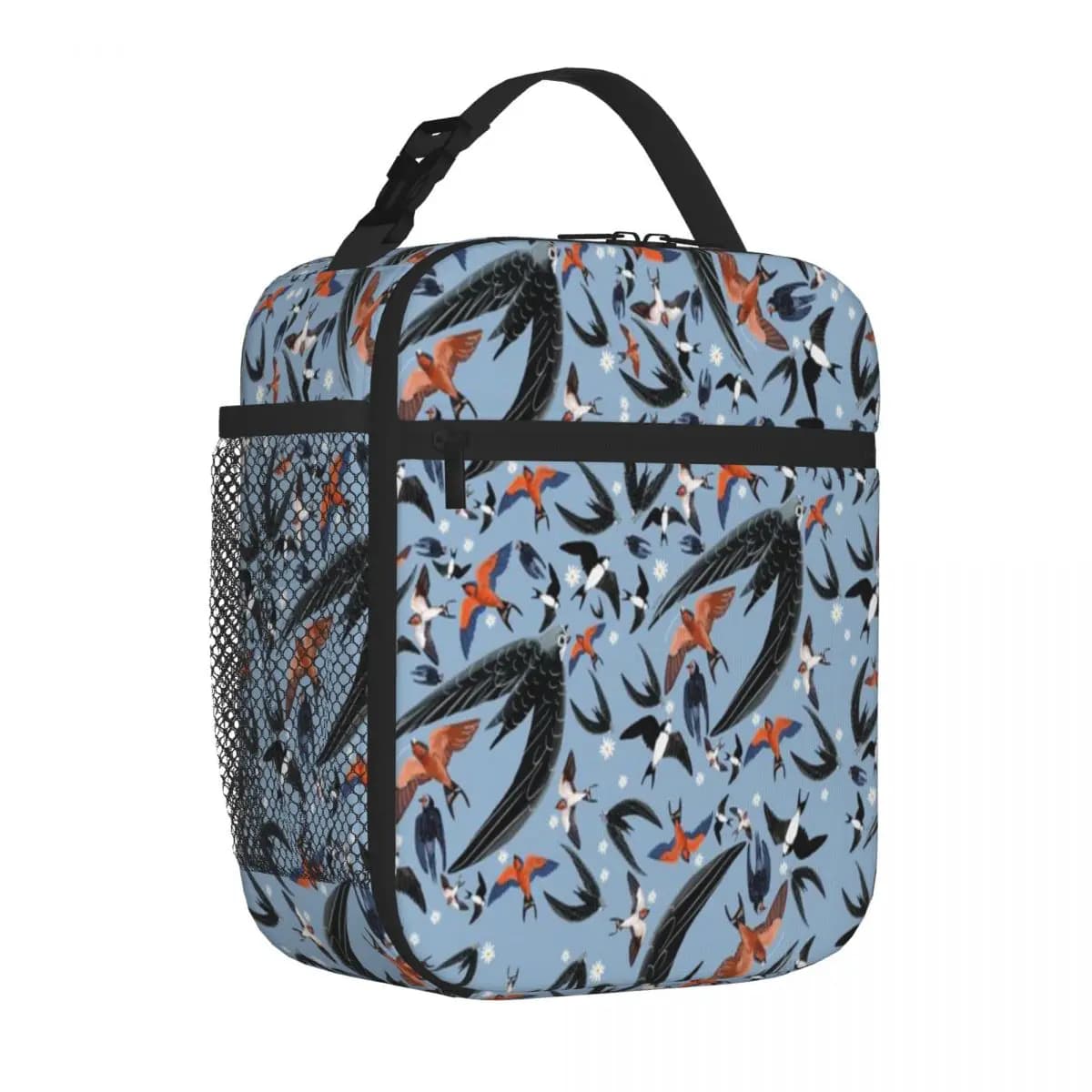 Hot Sale Swallows And Swift Pattern Baby Blue Version Stitched Detail Thermal Food Carrier Outdoor Picnic Portable Lunch Bag