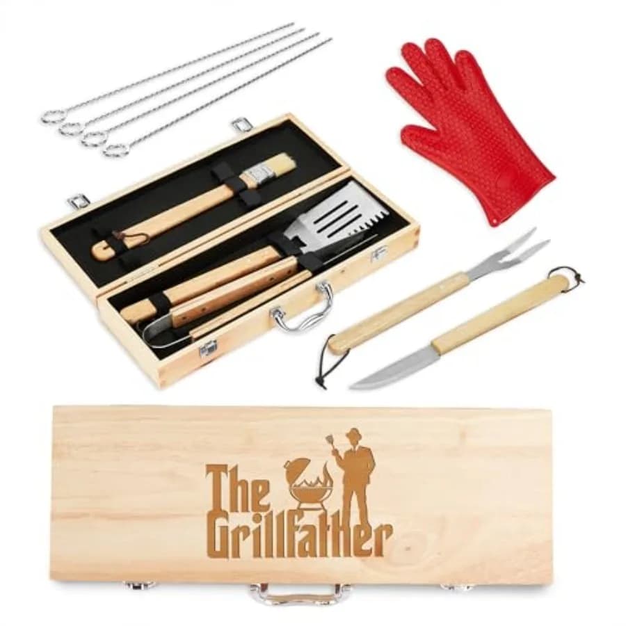 Set di 11 Utensili per Barbecue con Scatola Regalo in Legno d'Acero Inciso, Accessori per Griglia in Acciaio Inox con Manici in Legno, Nero