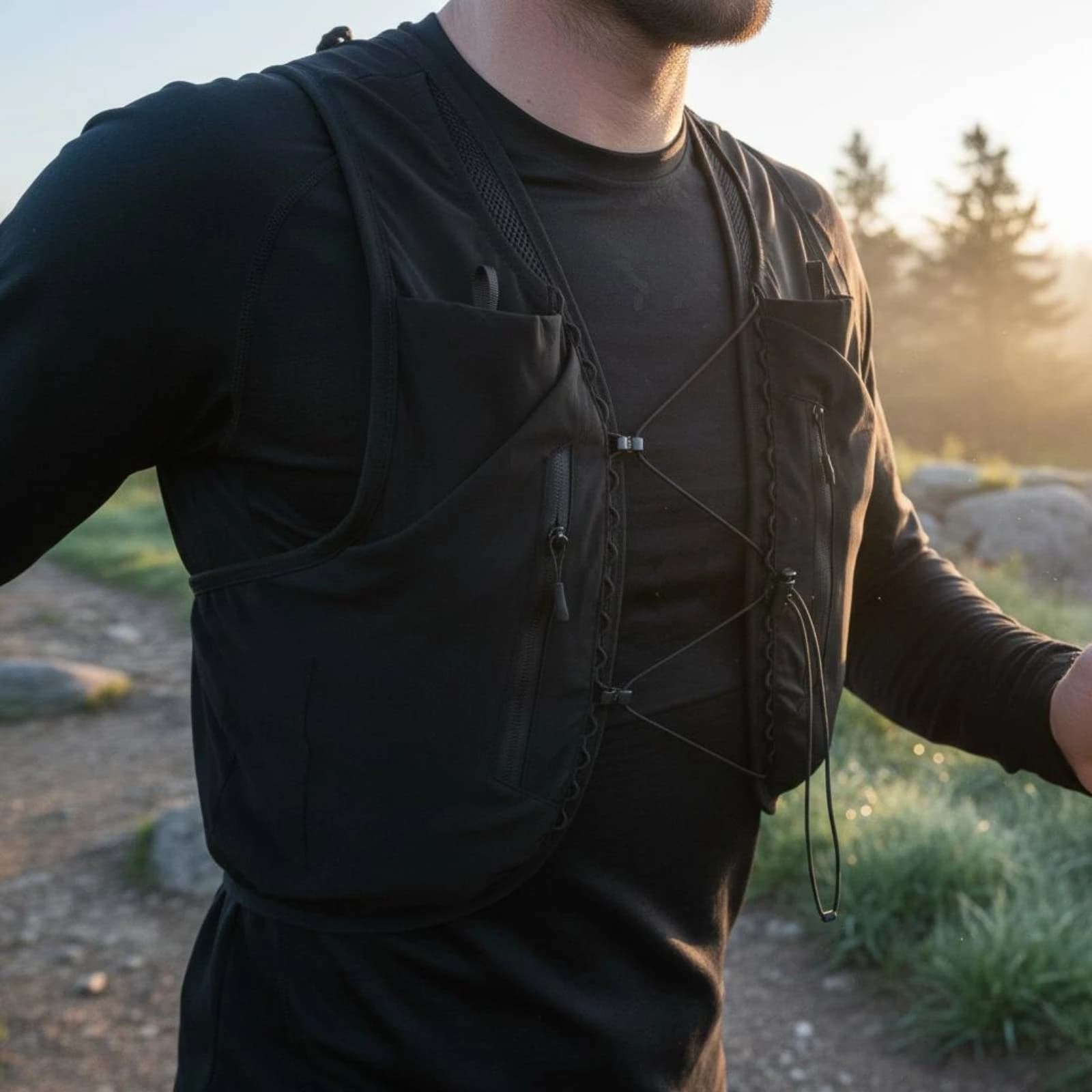 Gilet Idratazione Nero con Tasche Zip, Zaino Idratazione Sportivo Leggero e Compatto per Corsa a Lunga Distanza