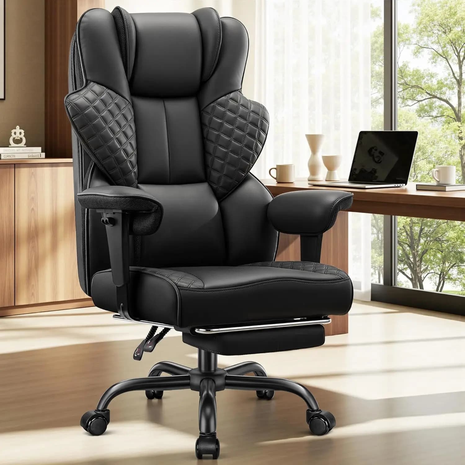 Sedia da ufficio ergonomica con poggiapiedi, supporto lombare 4D, sedia da scrivania girevole reclinabile per utenti di statura alta e corpulenza fino a 500 libbre, nera