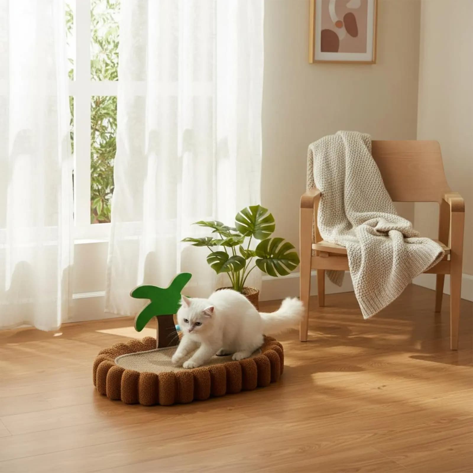 Cuccia per Gatti a Forma di Albero di Cocco, Tiragraffi in Sisal Resistente ai Graffi, Design a Tema Spiaggia, Protegge i Mobili