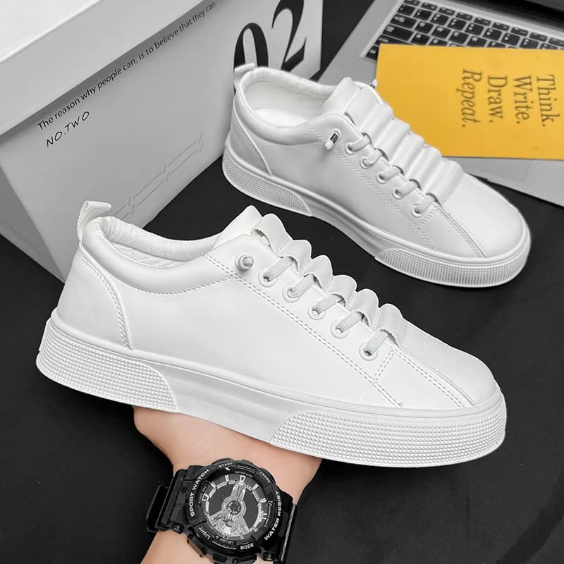 Men's Casual Shoes in White Leather, Sneakers with Raised Sole, Breathable, Lightweight, Fashion for Walking and Running